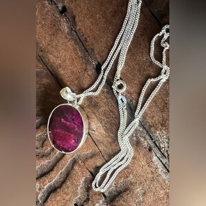 NWT Bali Necklace Natural Ruby Sterling Pink Fuchsia Silver Oval Chain 24”